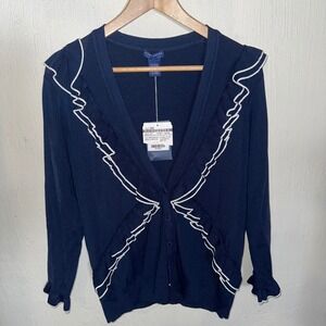 Doncaster Collection NWT Navy Blue Ruffle Cardigan Sweater Womens Size LM